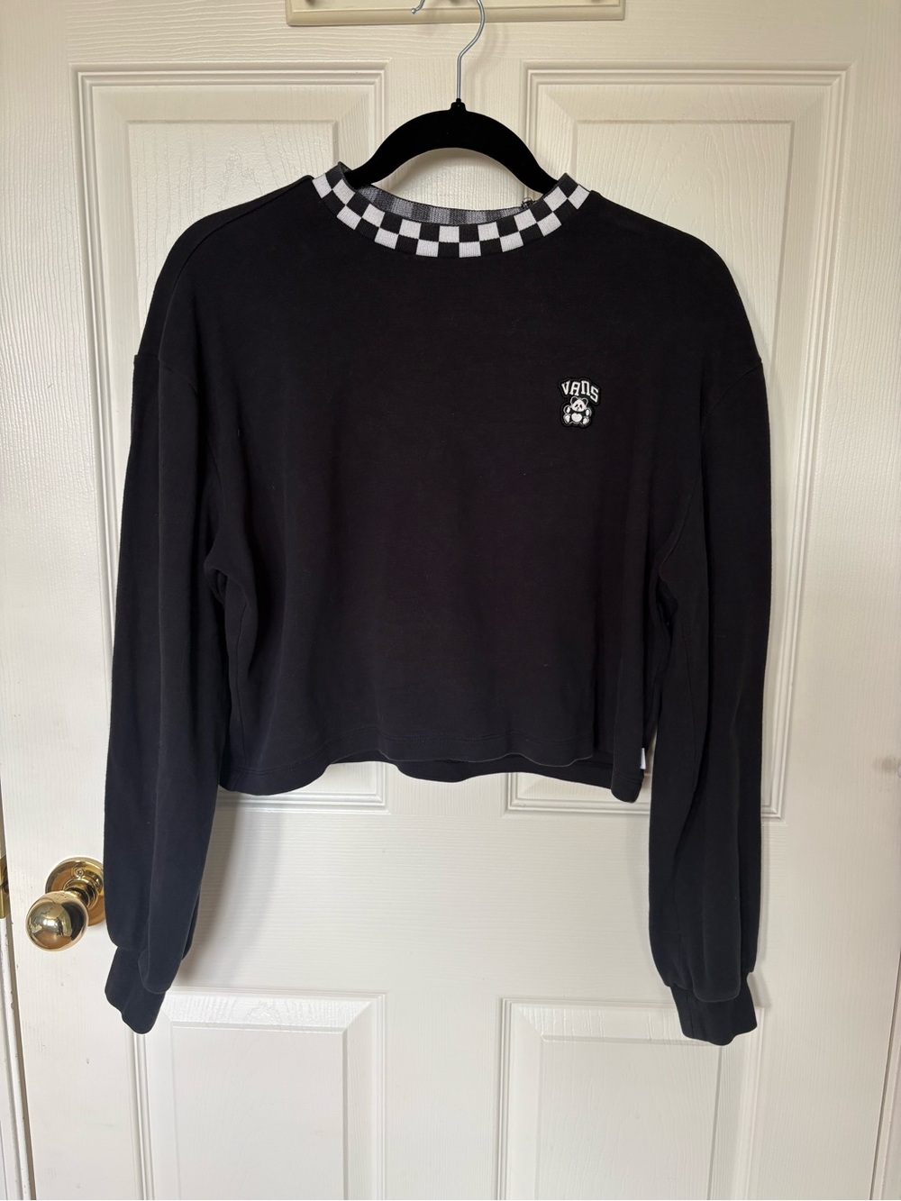 Vans Black Cropped Long Sleeve Sweatshirt Checkerboard Neckline Small